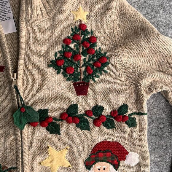 Tiara International Ugly Christmas Sweater‎ Small Holiday Zipper Santa Bird Tan - Picture 8 of 11